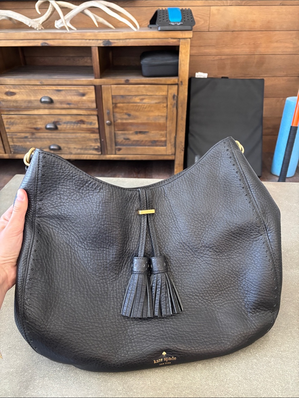 kate spade Black Pebbled Leather Tassel Hobo Bag